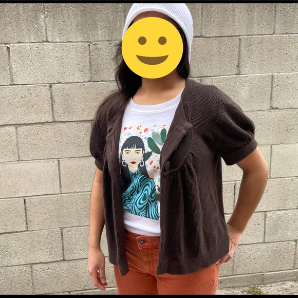 SOLD Brown Short Sleeve Knit Cardigan W/ Puffy Sleeves Banana Republic - Picture 4 of 6